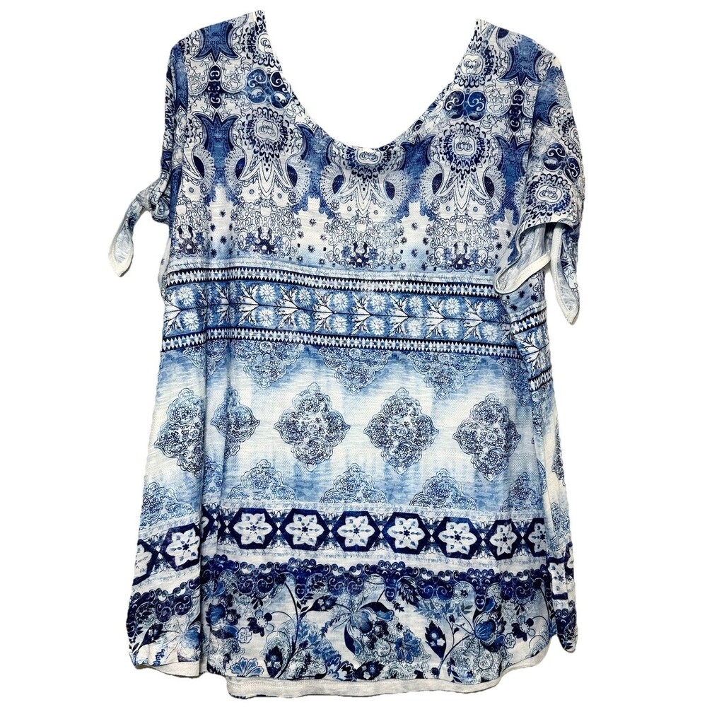 Time & Tru 3X Boho Blue White Porcelain Print Tunic Tie Sleeve Top